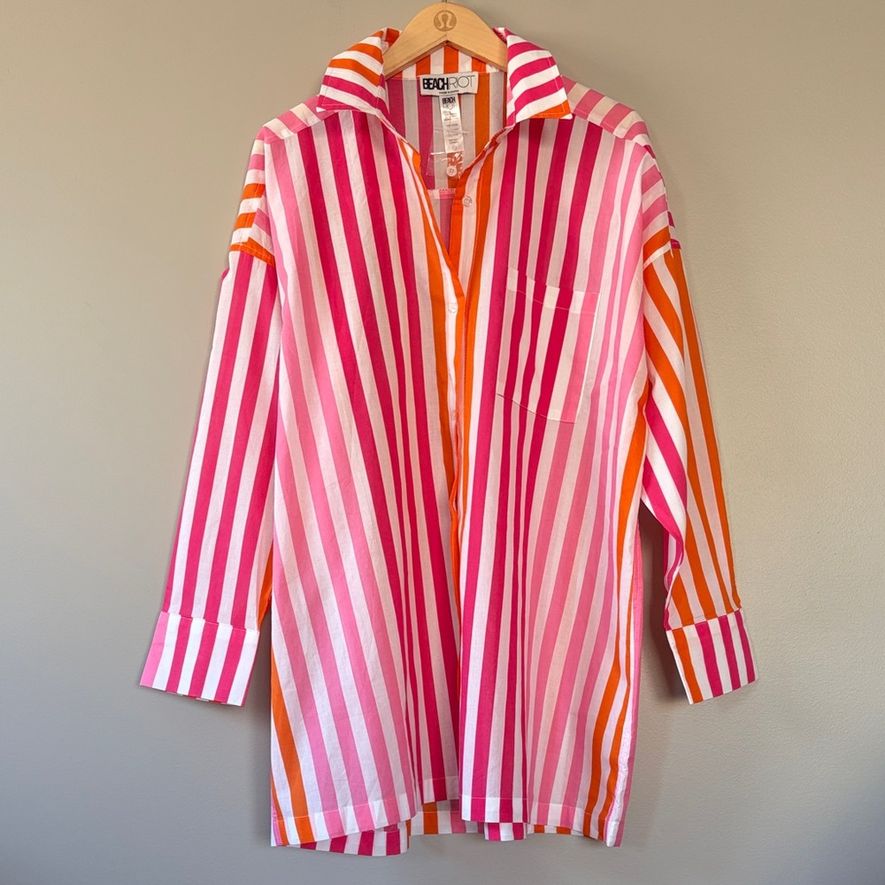 Beach Riot Oversized‎ Button Up Shirt Stripes Size L/XL Orange Pink White